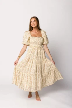 Hot Worth Collective Elena 100% Cotton Toile Print Smocked Midi Dress in Light Brown- Bump