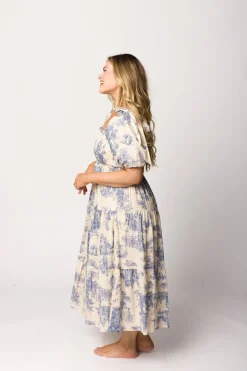 Online Worth Collective Elena 100% Cotton Toile Print Smocked Midi Dress in Blue - Bump Friend