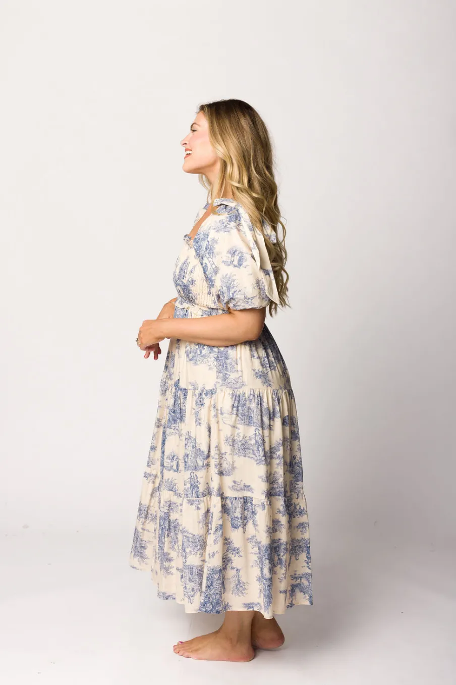 Online Worth Collective Elena 100% Cotton Toile Print Smocked Midi Dress in Blue - Bump Friend