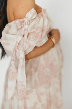 New Worth Collective Elena 100% Cotton Toile Print Smocked Midi Dress in Pink - Bump Friend