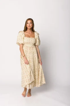 Hot Worth Collective Elena 100% Cotton Toile Print Smocked Midi Dress in Light Brown- Bump