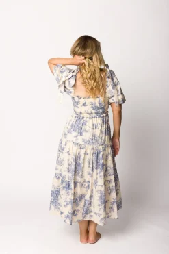 Online Worth Collective Elena 100% Cotton Toile Print Smocked Midi Dress in Blue - Bump Friend