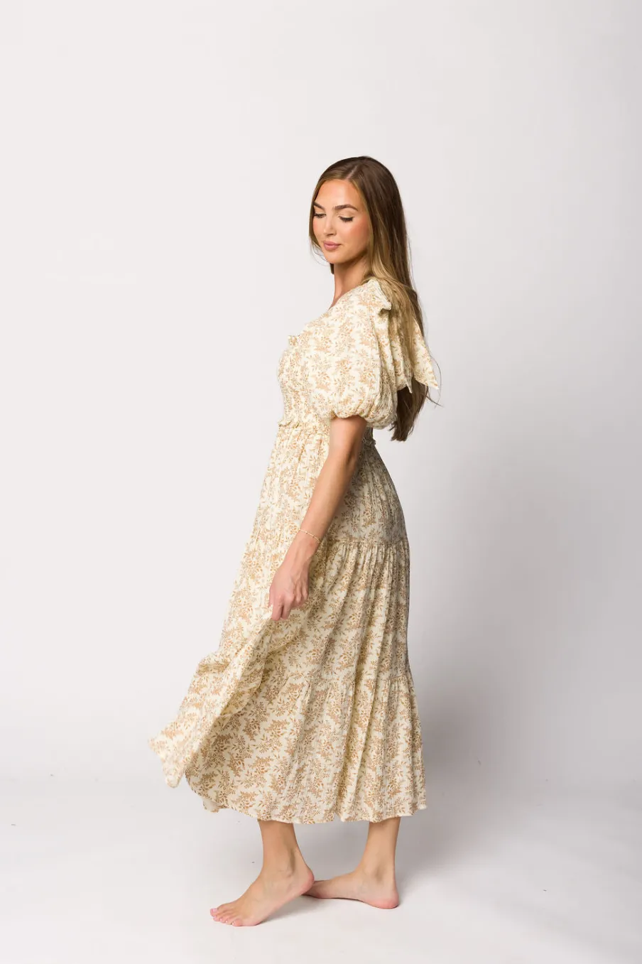 Hot Worth Collective Elena 100% Cotton Toile Print Smocked Midi Dress in Light Brown- Bump