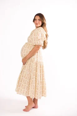 Hot Worth Collective Elena 100% Cotton Toile Print Smocked Midi Dress in Light Brown- Bump