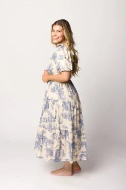 Online Worth Collective Elena 100% Cotton Toile Print Smocked Midi Dress in Blue - Bump Friend