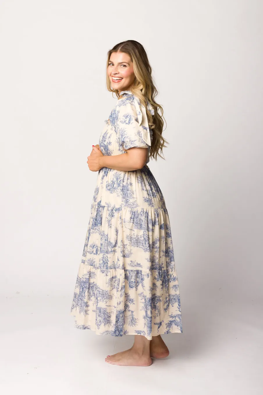 Online Worth Collective Elena 100% Cotton Toile Print Smocked Midi Dress in Blue - Bump Friend
