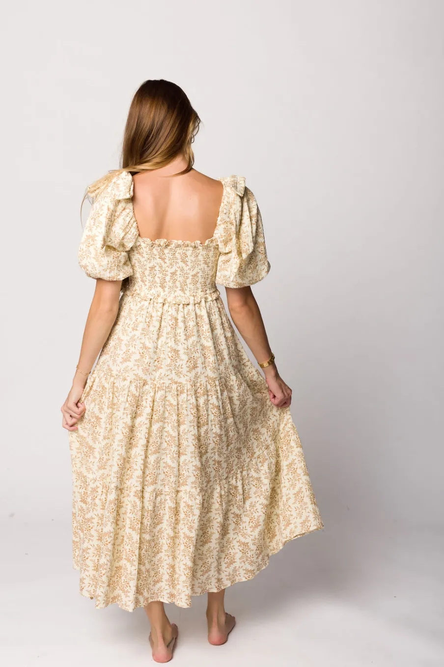 Hot Worth Collective Elena 100% Cotton Toile Print Smocked Midi Dress in Light Brown- Bump