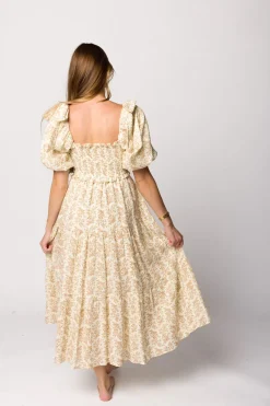 Hot Worth Collective Elena 100% Cotton Toile Print Smocked Midi Dress in Light Brown- Bump