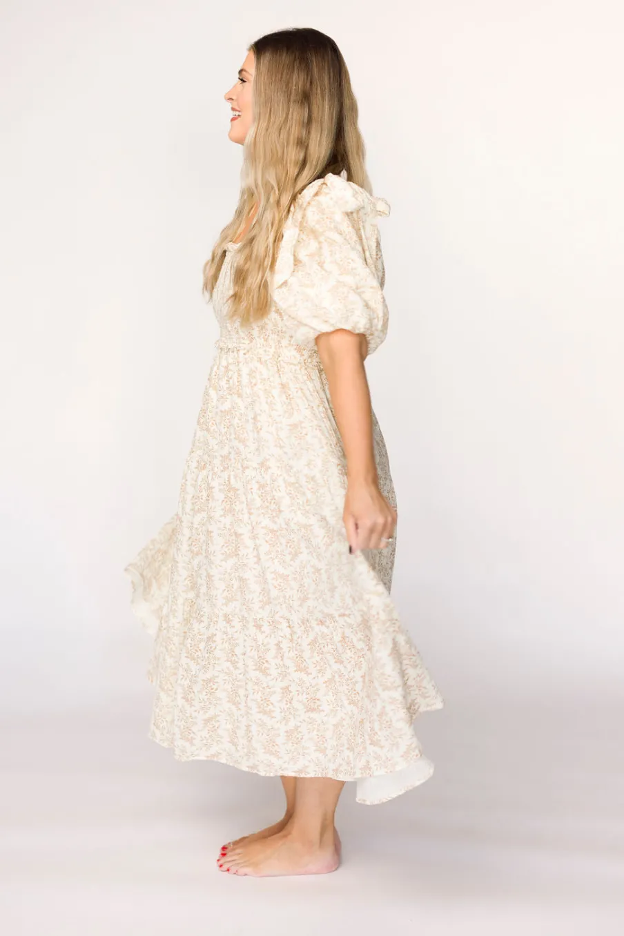 Hot Worth Collective Elena 100% Cotton Toile Print Smocked Midi Dress in Light Brown- Bump