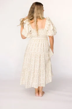 Hot Worth Collective Elena 100% Cotton Toile Print Smocked Midi Dress in Light Brown- Bump