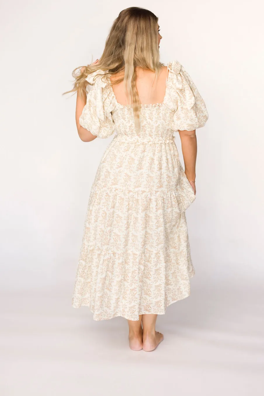 Hot Worth Collective Elena 100% Cotton Toile Print Smocked Midi Dress in Light Brown- Bump