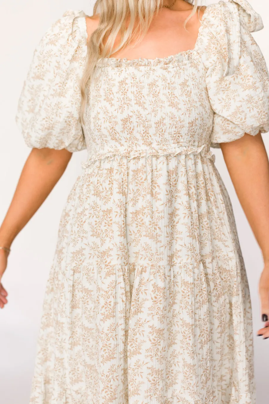 Hot Worth Collective Elena 100% Cotton Toile Print Smocked Midi Dress in Light Brown- Bump