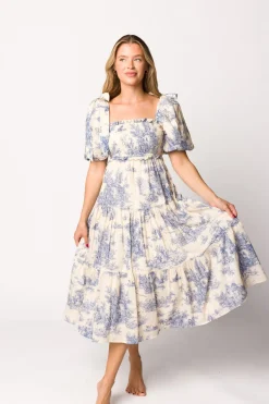 Online Worth Collective Elena 100% Cotton Toile Print Smocked Midi Dress in Blue - Bump Friend