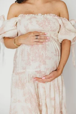 New Worth Collective Elena 100% Cotton Toile Print Smocked Midi Dress in Pink - Bump Friend