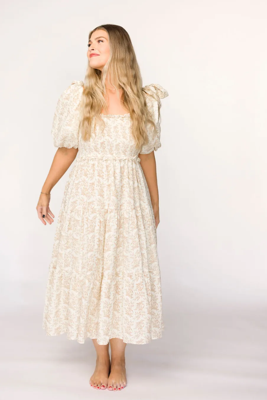 Hot Worth Collective Elena 100% Cotton Toile Print Smocked Midi Dress in Light Brown- Bump