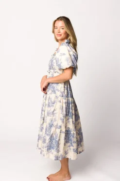 Online Worth Collective Elena 100% Cotton Toile Print Smocked Midi Dress in Blue - Bump Friend