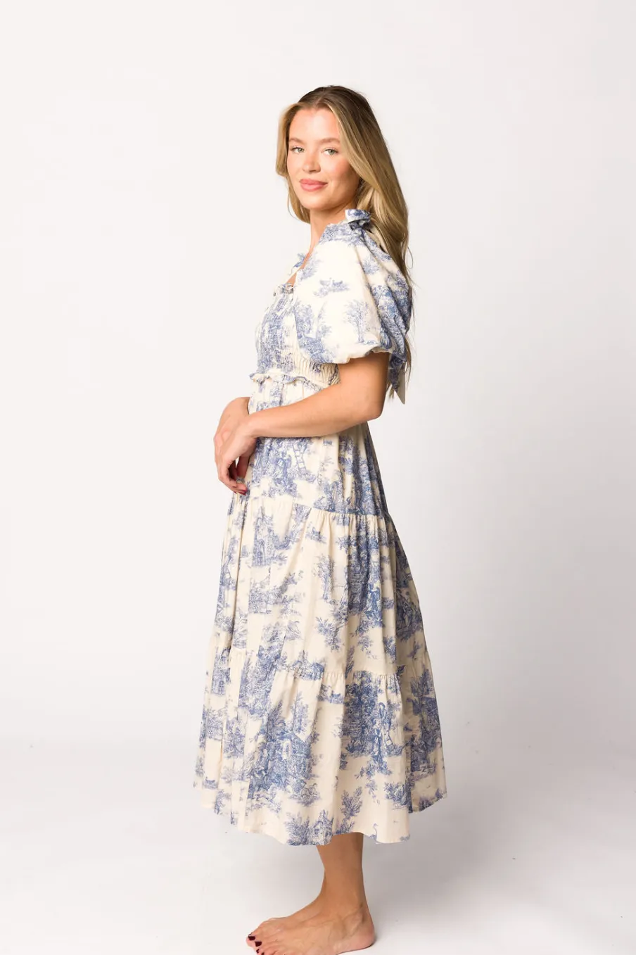 Online Worth Collective Elena 100% Cotton Toile Print Smocked Midi Dress in Blue - Bump Friend