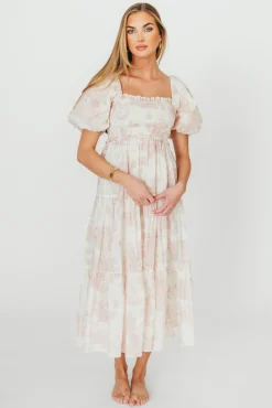 New Worth Collective Elena 100% Cotton Toile Print Smocked Midi Dress in Pink - Bump Friend