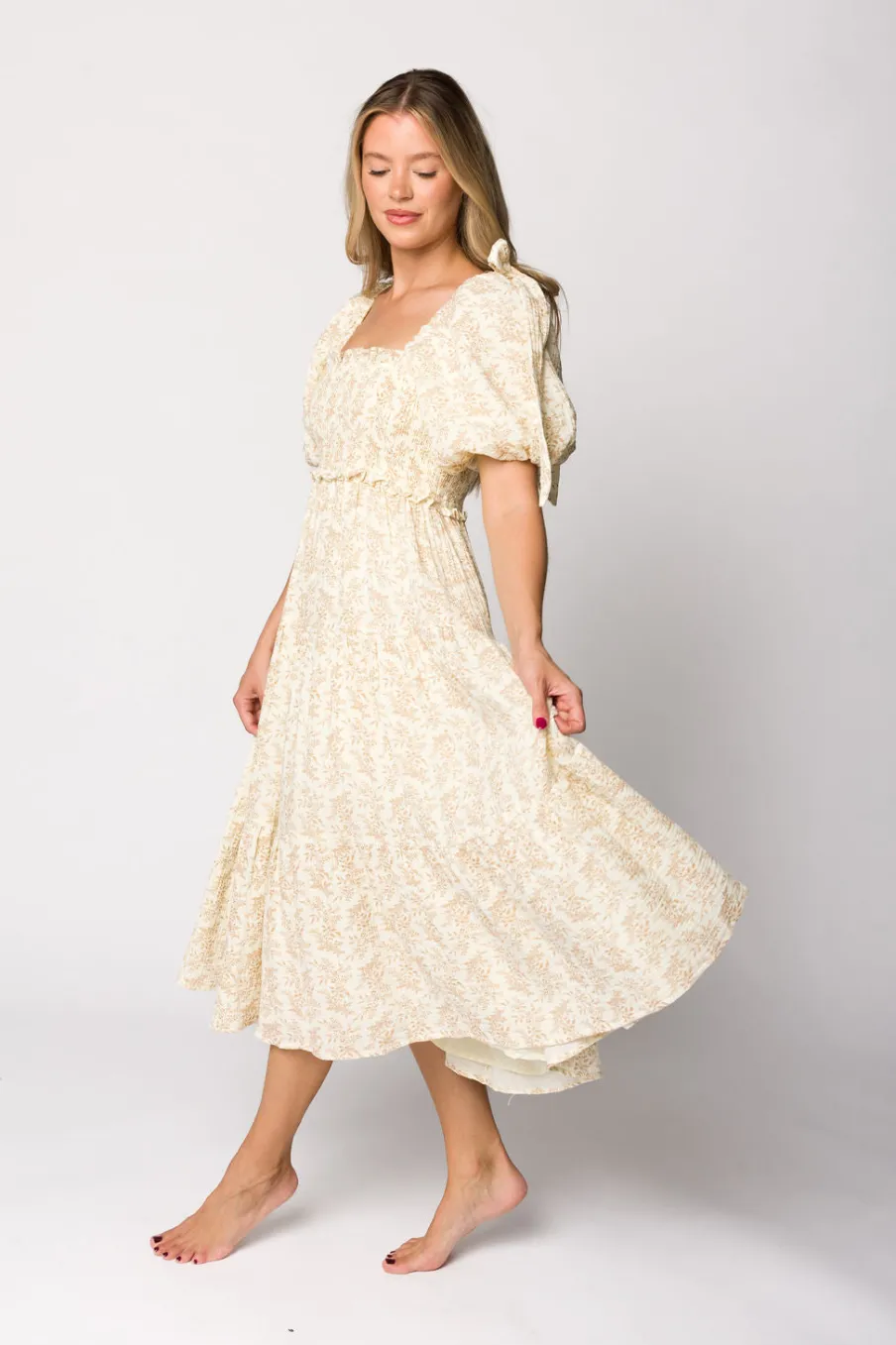 Hot Worth Collective Elena 100% Cotton Toile Print Smocked Midi Dress in Light Brown- Bump
