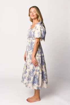 Online Worth Collective Elena 100% Cotton Toile Print Smocked Midi Dress in Blue - Bump Friend