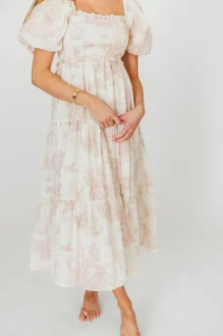 New Worth Collective Elena 100% Cotton Toile Print Smocked Midi Dress in Pink - Bump Friend