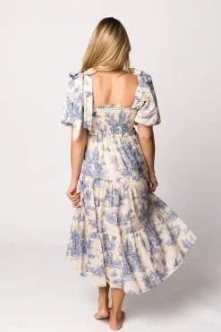 Online Worth Collective Elena 100% Cotton Toile Print Smocked Midi Dress in Blue - Bump Friend