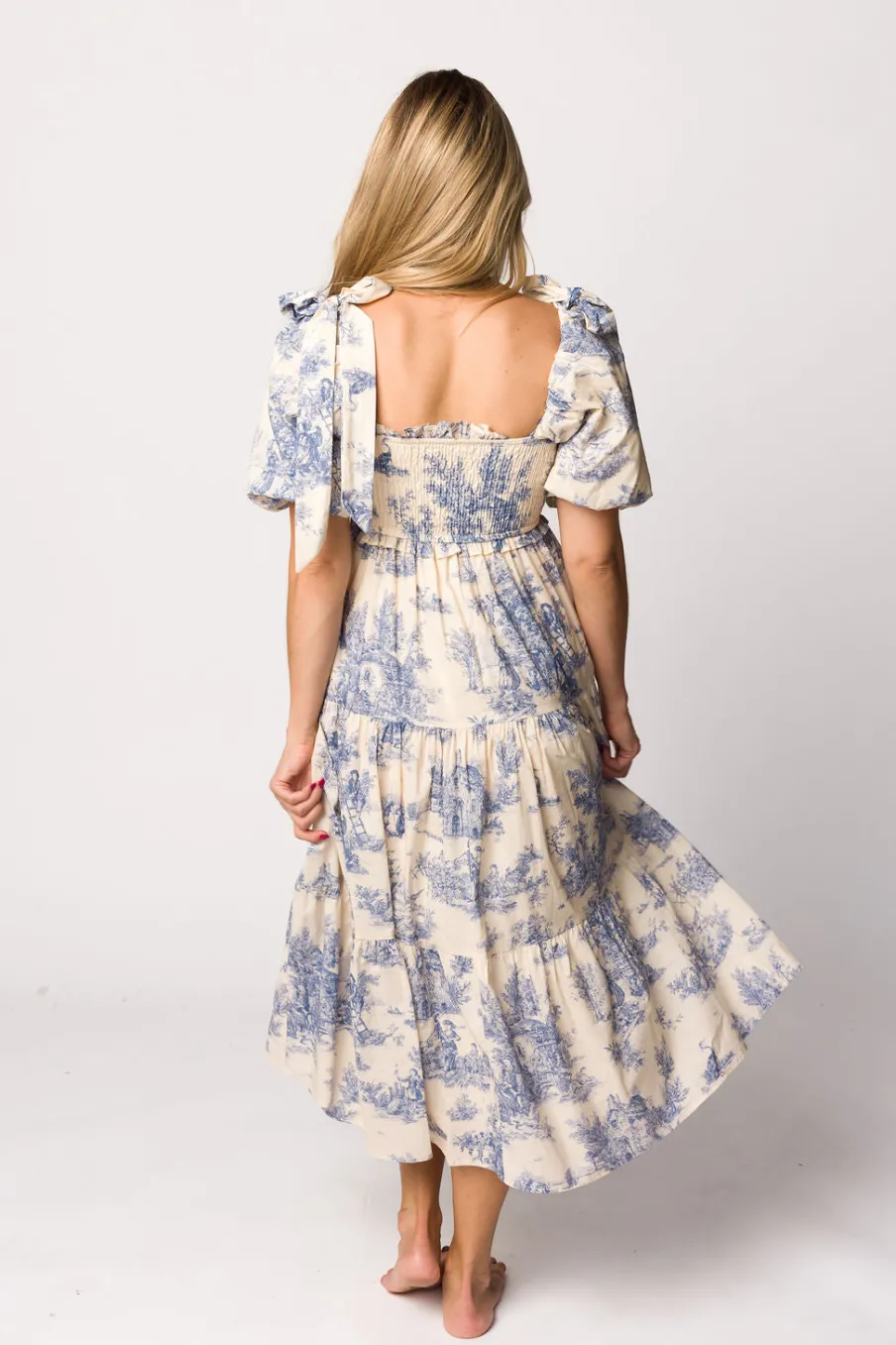 Online Worth Collective Elena 100% Cotton Toile Print Smocked Midi Dress in Blue - Bump Friend