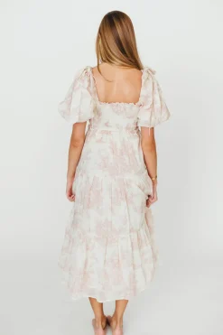 New Worth Collective Elena 100% Cotton Toile Print Smocked Midi Dress in Pink - Bump Friend