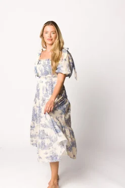 Online Worth Collective Elena 100% Cotton Toile Print Smocked Midi Dress in Blue - Bump Friend