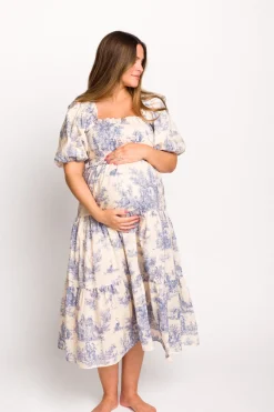Online Worth Collective Elena 100% Cotton Toile Print Smocked Midi Dress in Blue - Bump Friend