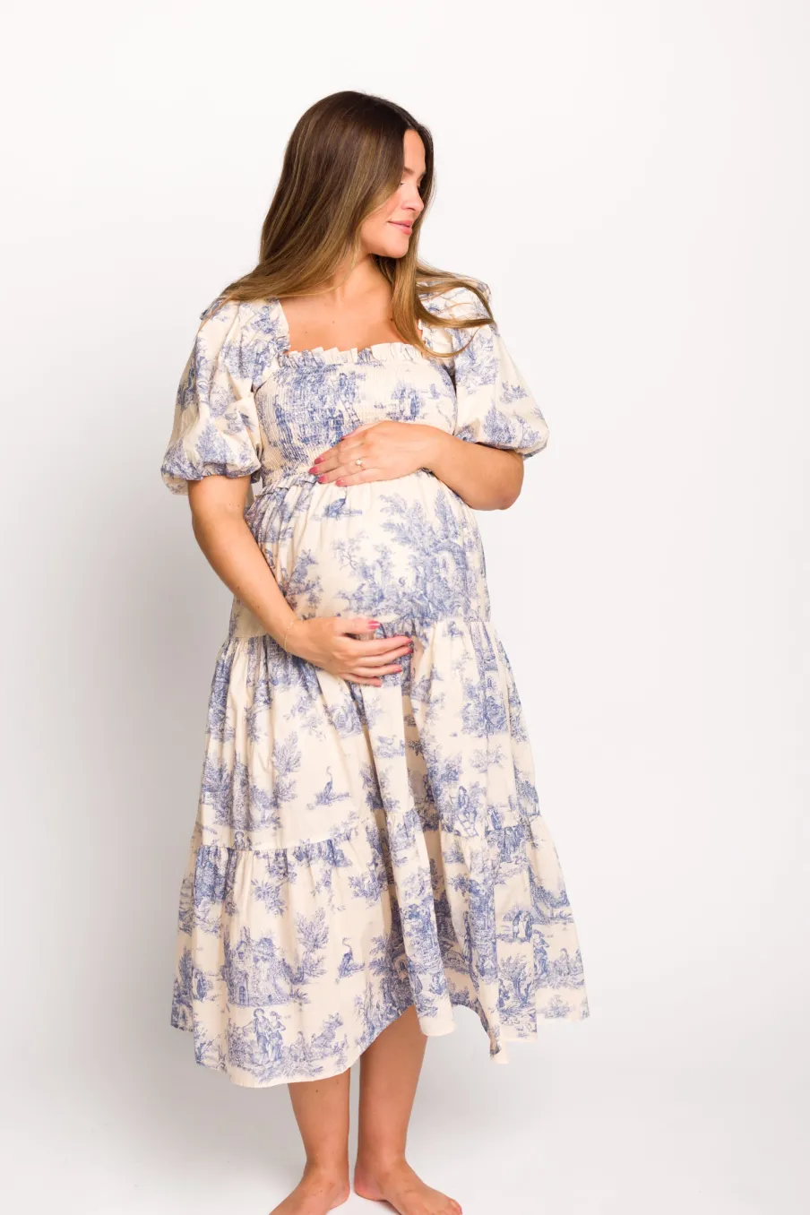 Online Worth Collective Elena 100% Cotton Toile Print Smocked Midi Dress in Blue - Bump Friend