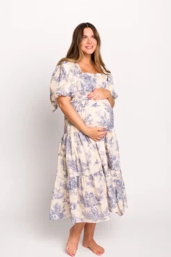 Online Worth Collective Elena 100% Cotton Toile Print Smocked Midi Dress in Blue - Bump Friend
