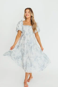 Best Worth Collective Elena Floral Print Smocked Midi Dress in Blue - Bump Friendly & Inclus