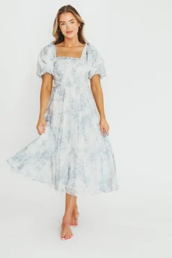 Best Worth Collective Elena Floral Print Smocked Midi Dress in Blue - Bump Friendly & Inclus