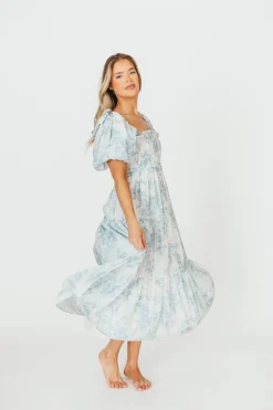 Best Worth Collective Elena Floral Print Smocked Midi Dress in Blue - Bump Friendly & Inclus