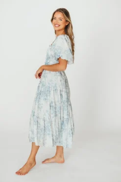Best Worth Collective Elena Floral Print Smocked Midi Dress in Blue - Bump Friendly & Inclus