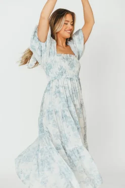 Best Worth Collective Elena Floral Print Smocked Midi Dress in Blue - Bump Friendly & Inclus