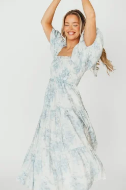 Best Worth Collective Elena Floral Print Smocked Midi Dress in Blue - Bump Friendly & Inclus