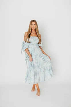 Best Worth Collective Elena Floral Print Smocked Midi Dress in Blue - Bump Friendly & Inclus