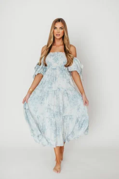 Best Worth Collective Elena Floral Print Smocked Midi Dress in Blue - Bump Friendly & Inclus