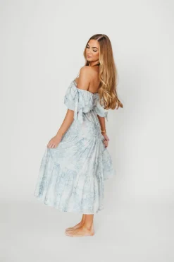 Best Worth Collective Elena Floral Print Smocked Midi Dress in Blue - Bump Friendly & Inclus