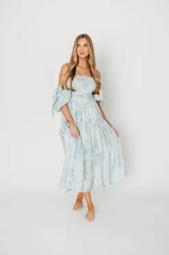 Best Worth Collective Elena Floral Print Smocked Midi Dress in Blue - Bump Friendly & Inclus