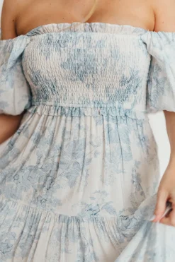 Best Worth Collective Elena Floral Print Smocked Midi Dress in Blue - Bump Friendly & Inclus