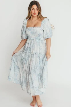 Best Worth Collective Elena Floral Print Smocked Midi Dress in Blue - Bump Friendly & Inclus