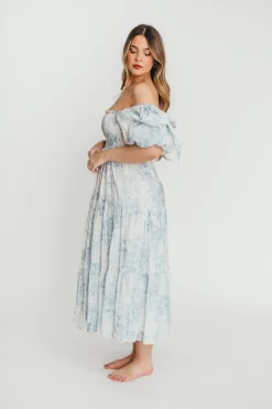 Best Worth Collective Elena Floral Print Smocked Midi Dress in Blue - Bump Friendly & Inclus