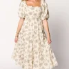Discount Worth Collective Elena Toile Print Smocked Midi Dress in Ivory - Bump Friendly