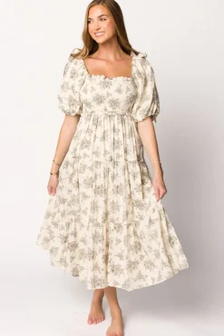 Discount Worth Collective Elena Toile Print Smocked Midi Dress in Ivory - Bump Friendly