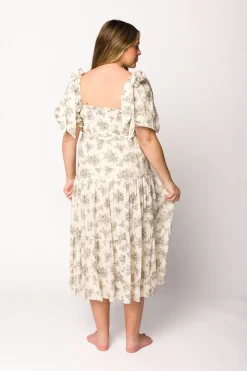 Discount Worth Collective Elena Toile Print Smocked Midi Dress in Ivory - Bump Friendly