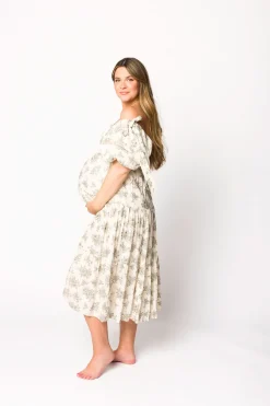 Discount Worth Collective Elena Toile Print Smocked Midi Dress in Ivory - Bump Friendly