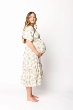 Discount Worth Collective Elena Toile Print Smocked Midi Dress in Ivory - Bump Friendly